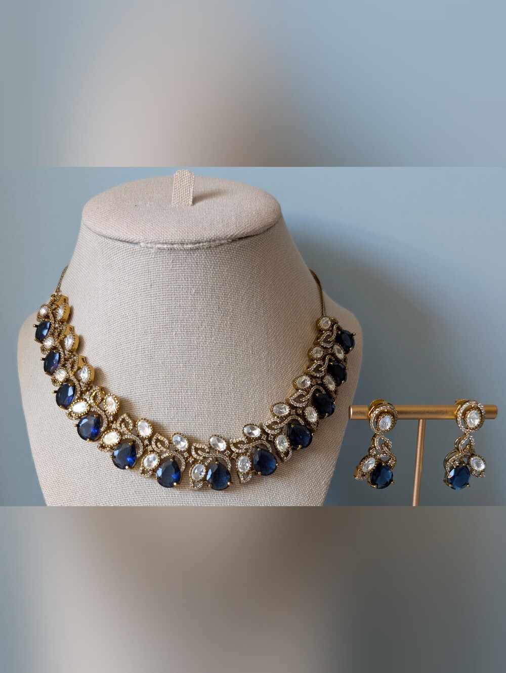 Gold-Tone Blue Teardrop Crystal Necklace